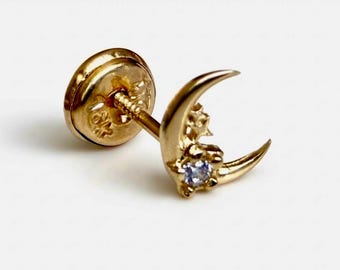 Pendiente de luna y estrellas de oro macizo de 18 quilates / Pendiente minimalista individual con cierre de rosca / Diseño asimétrico y apilable / Pieza única