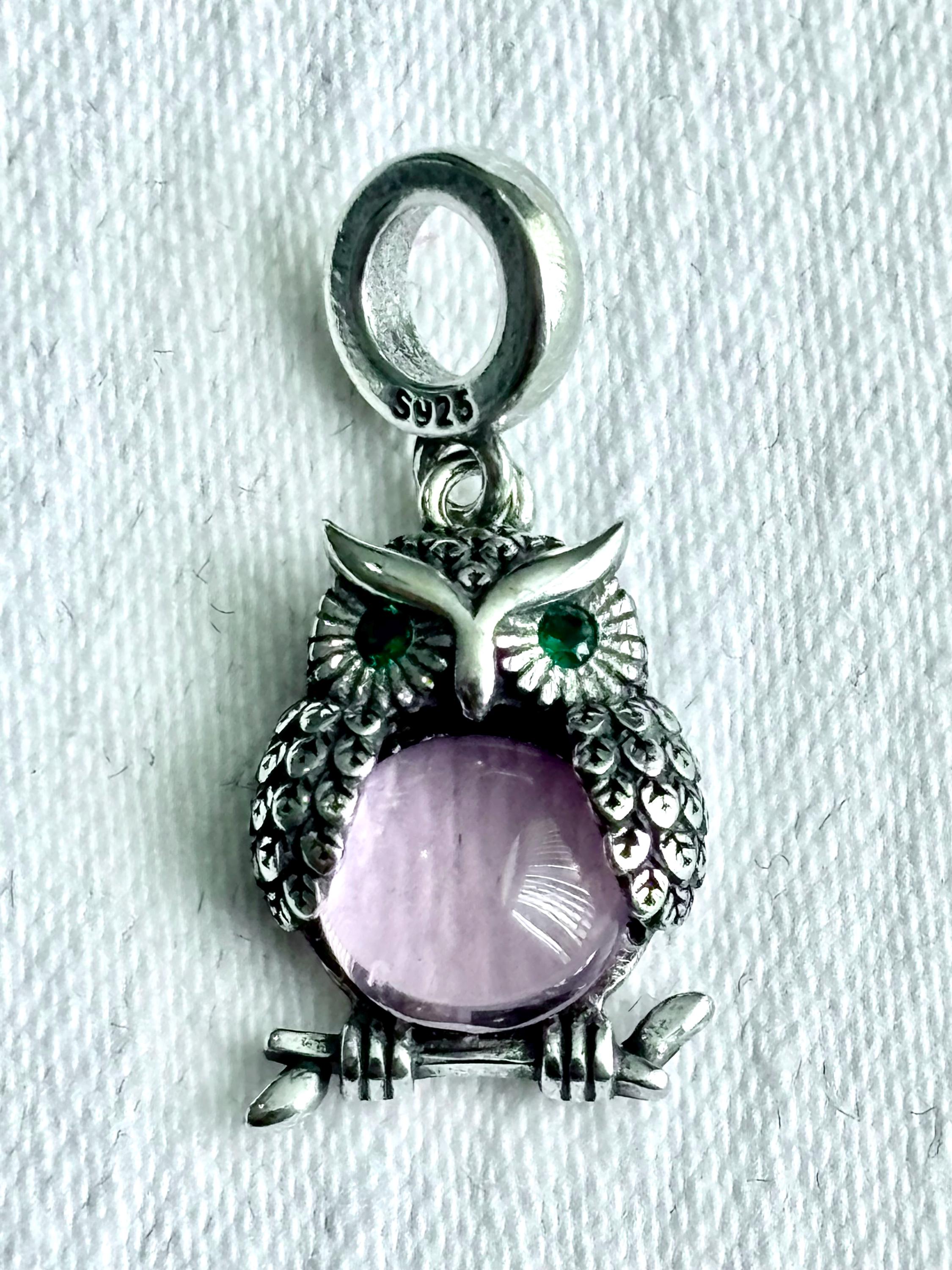 Sterling Silver 925 Purple Owl on Branch Dangle Charm &ndash; Green Eyes, Pandora Compatible, Nature