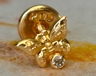 18k Solid Gold Butterfly with Zircons Earring - Single Earring – Solo Stud – One Piece – Minimalist design - Screw Back.