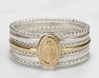 Virgin Mary Miraculous Medal Seven-Band Ring in Sterling Silver & 10K Gold | Seven Virtues, One Mother Heart