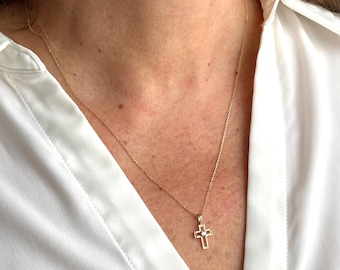 14k Solid Gold Cross Pendant with Zircons | Minimalist Charm | Necklace Not Included