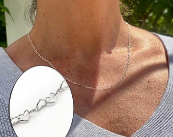 Collar de cadena de corazón de plata maciza 925 italiana, gargantilla delicada de eslabones abiertos en forma de corazón, joyería minimalista para combinar con otras joyas, regalo de aniversario, 43 cm (17 pulgadas)