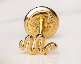 18K Solid Snake Earring | Minimalist Single stud with Screw Back | Mismatched & Stackable | One Piece | Symbol of transformation.