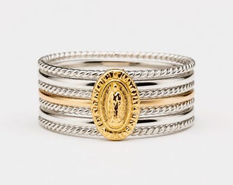 Guadalupe Virgin Miraculous Medal Seven-Band Ring in Sterling Silver & 10K Gold | Seven Virtues, One Mother Heart