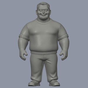 May include: A 3D-rendered figurine of a man wearing glasses, a short-sleeved shirt, and pants. The figure has a beard and is smiling. The clothing is a solid gray color, and the figure is standing upright.