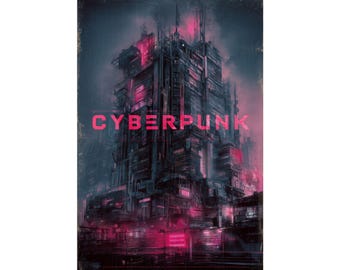 Póster de ciudad de neón ciberpunk: arte mural de rascacielos futurista de ciencia ficción, impresión de tecnología oscura y noir.
