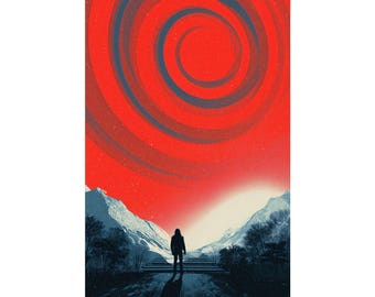 Surreal Sci-Fi Landscape Poster – Cosmic Red Spiral Sky Wall Art, Futuristic Space Fantasy Print