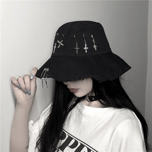 Harajuku Gothic Style Fisherman Bucket Hat | Hip Hop Cap | Foldable Bucket Hat | Emo Hat | Cap with Cross Design