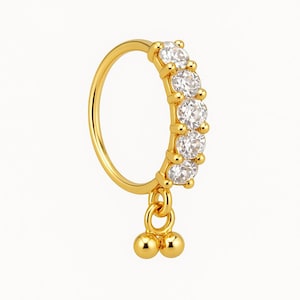 5 stone 2 ball gold dangle nose ring for pierced nose