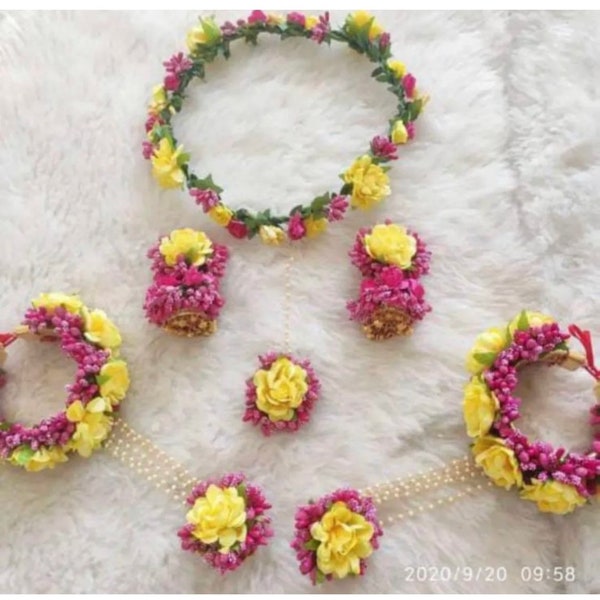 4 piece artificial flower jewellery set yellow pink faux flower nikah baby shower ladies Sangeet