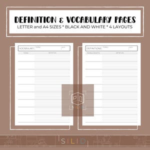 Definiciones de estudio y páginas de vocabulario Tamaño carta y A4 pdf con líneas de puntos cuadrícula en blanco términos y conceptos de estudio en blanco y negro notas de clase