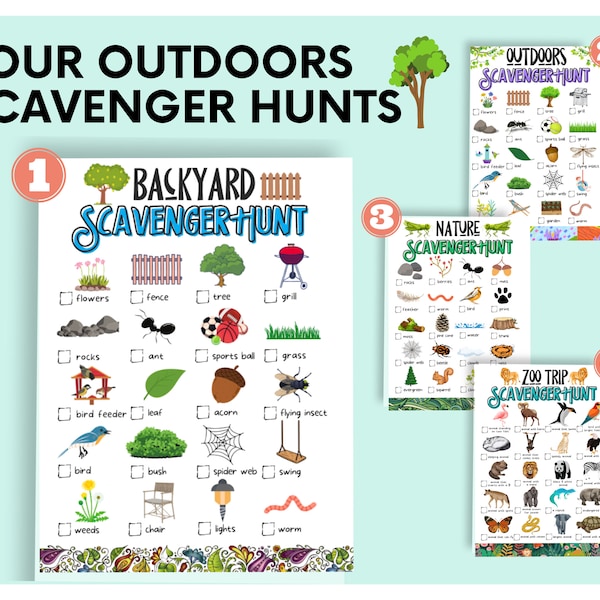 Bundle of 4 Outdoor Scavenger Hunt for Kids | Backyard Scavenger Hunt Game | Nature Scavenger Hunt for Kids | Outdoors Scavenger Hunt