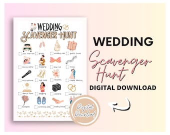 Pode incluir: Uma lista de verificação imprimível para uma caça ao tesouro de casamento com ilustrações de itens relacionados ao casamento. A lista de verificação inclui itens como bolo de casamento, bebidas, uma gravata borboleta e um microfone. O texto "Wedding Scavenger Hunt" está no topo da lista de verificação. O texto "Digital Download" está na parte inferior da lista de verificação.