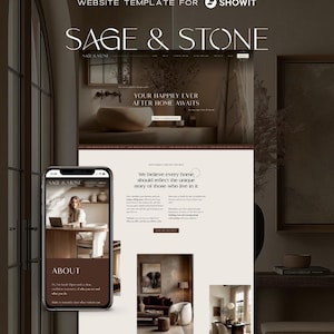 Peut inclure: Un modèle de site web pour Showit, avec la marque "Sage & Stone". Le design présente une esthétique moderne avec une palette de couleurs neutres. Le modèle comprend une maquette de téléphone affichant une mise en page de site web et le texte "Your happily ever after home awaits."