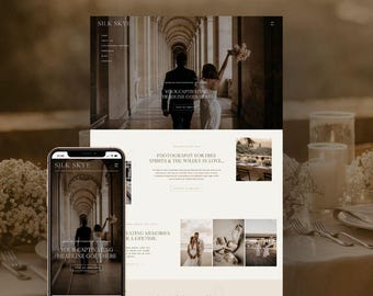 May include: A website template for Showit featuring a desktop and mobile layout for a photography brand named Silk Skye. The design includes a neutral color palette, serif typography, and multiple image placeholders showing wedding photography.