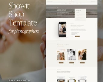 Può includere: Un modello di negozio digitale Showit per fotografi con un layout pulito e neutro, dotato di sezioni per preset, corsi online ed ebook. Il design include un mockup di dispositivo mobile, gallerie di immagini e blocchi di testo descrittivi.