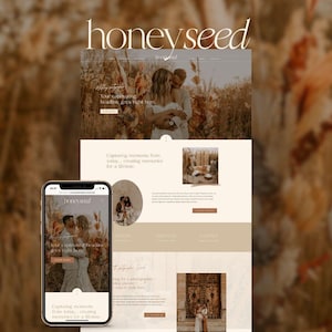 May include: A website template for Showit titled honeyseed, featuring a neutral color palette with beige and cream tones. The layout includes photography of couples in outdoor settings, text sections, and a mobile phone display of the site.
