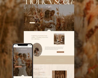 May include: A website template for Showit titled honeyseed, featuring a neutral color palette with beige and cream tones. The layout includes photography of couples in outdoor settings, text sections, and a mobile phone display of the site.