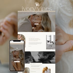 May include: A website template for Showit titled Ivory Vines, featuring a mobile phone display and a desktop layout. The design includes a ginkgo leaf logo, serif typography, and multiple placeholders for wedding photography and elopement imagery.