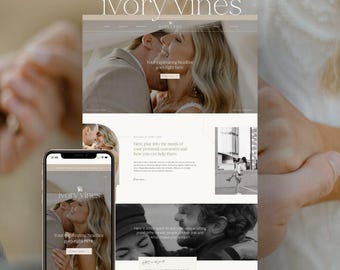 May include: A website template for Showit titled Ivory Vines, featuring a mobile phone display and a desktop layout. The design includes a ginkgo leaf logo, serif typography, and multiple placeholders for wedding photography and elopement imagery.