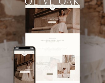 May include: A website template for Showit titled Olive Oak, displayed on a desktop layout and a mobile phone screen. The design features a neutral color palette, serif typography, and multiple image placeholders showcasing wedding photography.