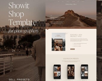 Può includere: Un modello di negozio Showit per fotografi che presenta un layout di sito web con una tavolozza di colori beige e marrone. Il design include sezioni per preset, e-book e corsi online, visualizzando titoli di prodotti, immagini e menu.