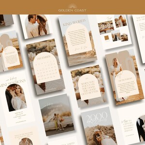 May include: A collection of social media templates with a neutral color palette. The templates feature images of couples, calendars, and inspirational quotes. The Golden Coast logo is at the top.