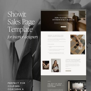 Pode incluir: Um modelo de página de vendas Showit para designers de interiores com um layout em cinza escuro e claro com cabeçalhos de texto incluindo How to Start Your Interior Design Business, Address the Pain Points Your Target Audience Experiences.