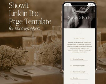Puede incluir: Una plantilla de página Link in Bio de Showit para fotógrafos mostrada en la pantalla de un teléfono inteligente. La interfaz presenta un encabezado con el texto SILK SKYE, una sección de introducción y una lista de enlaces como Wedding photography y Get in touch.