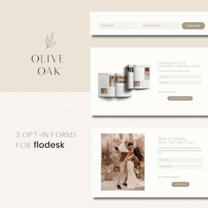 May include: Three opt-in forms for Flodesk, a website builder for online businesses. The forms are for downloading a wedding pricing guide, joining a waitlist for mini sessions, and subscribing to a newsletter. The forms are designed in a minimalist style with a white background and black text.