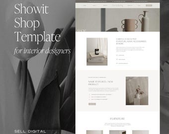 Può includere: Un modello di negozio Showit per interior designer caratterizzato da un layout del sito web pulito e dai toni neutri. Il design include sezioni per prodotti in evidenza, mobili e decorazioni per la casa con immagini di vasi e candele.