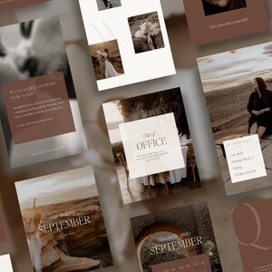 Könnte beinhalten: Eine Sammlung von Social-Media-Vorlagen in einer braun-weißen Farbpalette. Die Designs enthalten Texte wie GIVEAWAY, Out of OFFICE und SEPTEMBER sowie fotografische Elemente von Landschaften, Personen und einem Kalenderraster.