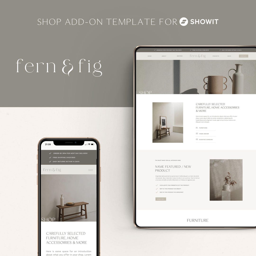 Earthy Interior Design Showit Shop Template, Clean Minimal Showit Shop ...