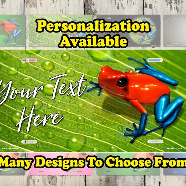 Personalized Tree Frogs, Ladybugs, & Dart Frog License Plates. Add Your Text, Aluminum Novelty License Plates