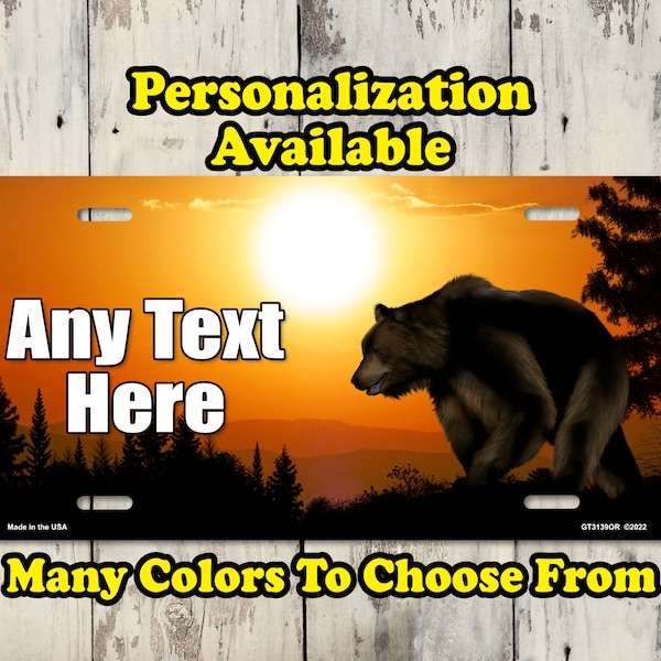 Personalized Bear on sunset, red, blue, purple, gray, brown, and green colored license plates