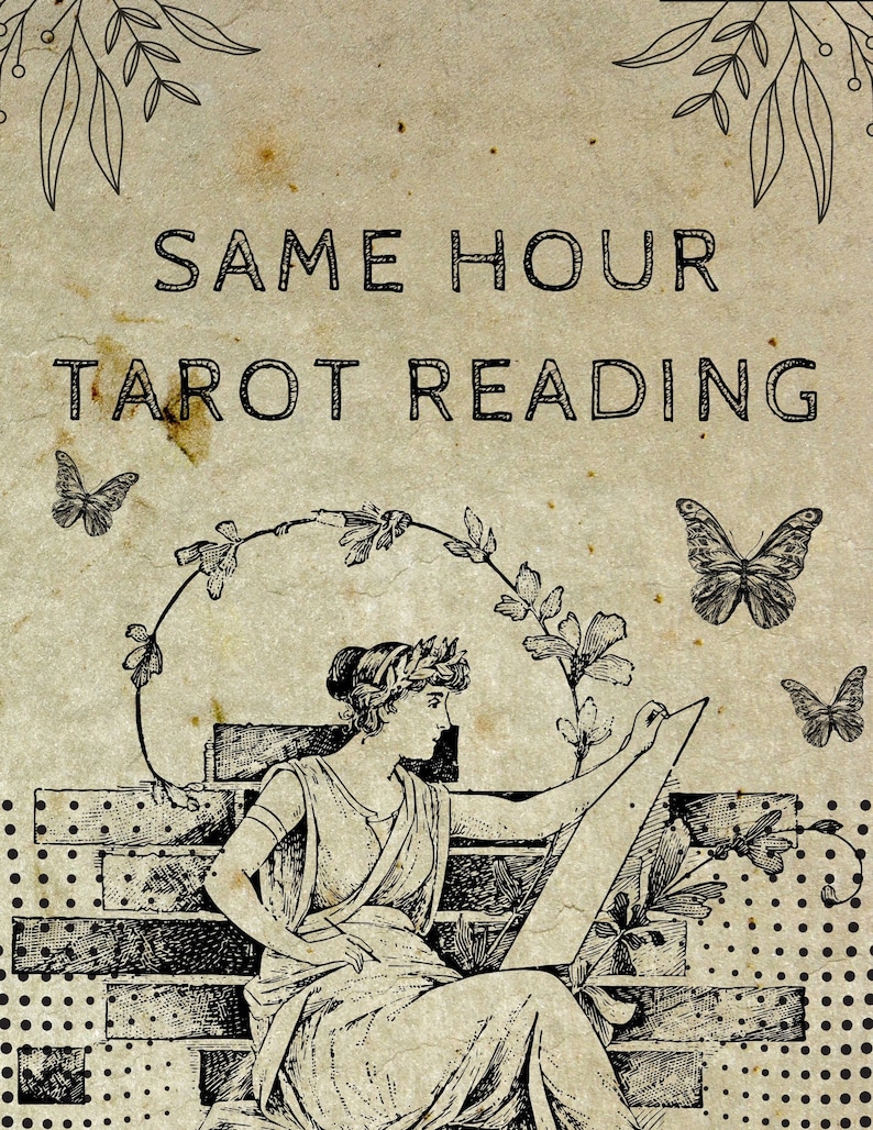 Peut inclure: Une illustration vintage d'une femme lisant des cartes de tarot. L'image est en noir et blanc et a un aspect vieilli et d&eacute;t&eacute;rior&eacute;. Le texte "SAME HOUR TAROT READING" est en haut de l'image.
