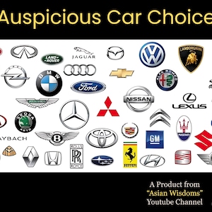 Puede incluir: Imagen con el texto "Auspicious Car Choice" sobre logotipos de marcas de automóviles, incluyendo Bugatti, Tesla y Ferrari. También incluye el texto: "A Product from 'Asian Wisdoms' YouTube Channel."