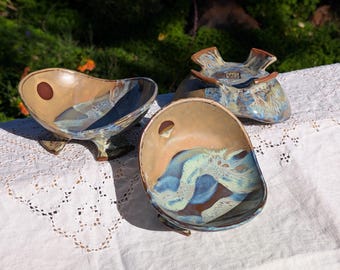 Handbuilt Ceramic Trinket Dish - Seascape Design - Blue, White, Tan