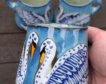 Handbuilt Ceramic Mug - Swan Design - Stoneware and Glaze