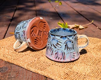 Handbuilt Ceramic Mug - Hand Stamp Design - Blue and Purple - Made to Order!