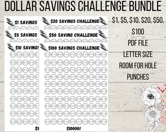 May include: A black and white printable dollar savings challenge bundle. The bundle includes challenges for $1, $5, $10, $20, $50, and $100. The text includes "Dollar Savings Challenge Bundle", "PDF File", "Letter Size", and "Room for Hole Punches".