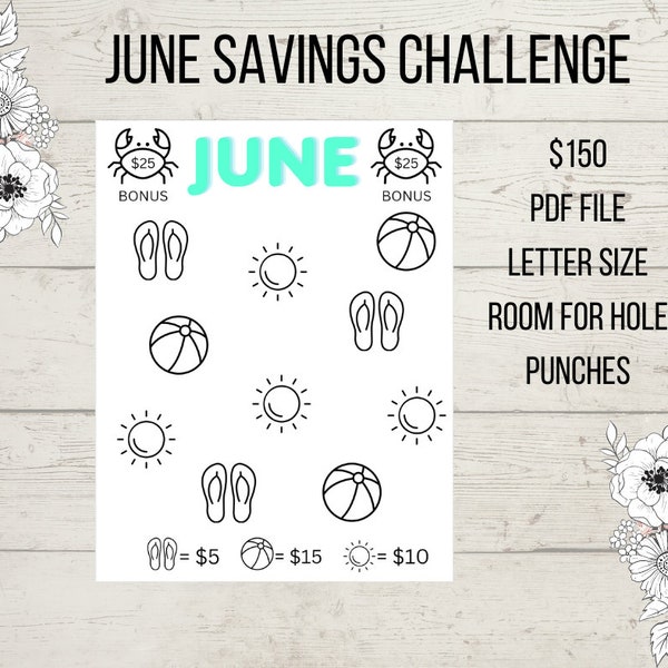 June Monthly Savings Challenge Printable - PDF File - Letter Size - Dave Ramsey - Sinking Funds - Cash Envelopes