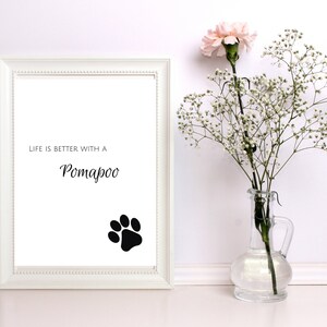 Pode incluir: Impressão emoldurada branca com o texto "Life is better with a  Pomerpoo" e uma pegada preta. A impressão está sobre uma superfície branca com um vaso de flores brancas e uma flor rosa.