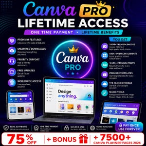 May include: A digital advertisement for Canva Pro lifetime access featuring a laptop, tablet, and smartphone displaying the interface. Text includes CANVA PRO LIFETIME ACCESS, ONE TIME PAYMENT, 75% OFF, and 7500+ CANVA PLANNER PAGES 2026.