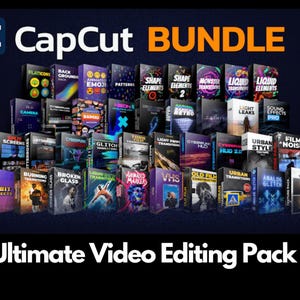 May include: A collection of digital product boxes labeled CapCut BUNDLE and Ultimate Video Editing Pack. The boxes feature various graphic designs, text labels like 8-BIT EFFECTS, VHS, and GLITCH, and colorful imagery for video editing assets.
