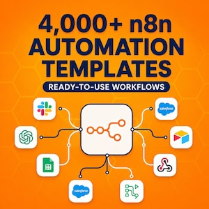 Könnte beinhalten: Eine orangefarbene Grafik mit dem Text 4,000+ n8n AUTOMATION TEMPLATES READY-TO-USE WORKFLOWS. Ein zentrales weißes quadratisches Symbol mit einem orangefarbenen Knoten-Symbol verbindet sich über Linien mit acht kleineren Symbolen.