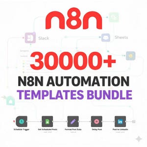 Può includere: Una grafica digitale con il logo rosso n8n in alto, seguito dal testo rosso 30000+ e dal testo nero N8N AUTOMATION TEMPLATES BUNDLE. Sotto, un diagramma di flusso mostra le icone per Schedule Trigger, Get Scheduled Posts, Format Post Data, Delay Post e Post to LinkedIn.