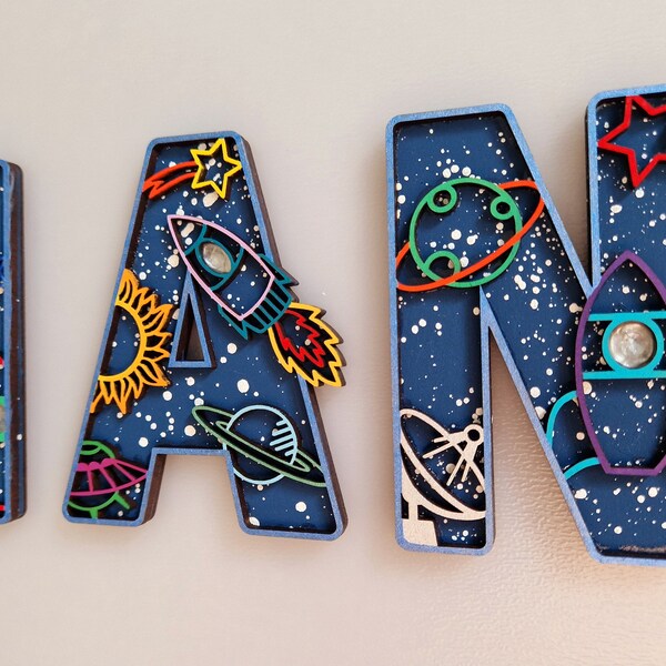 Space Theme Letters Alphabet Personalised Wall Art Kids room Wooden Name Sign Boys Room Girls Room Name Sign