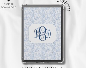 custom blue toile kindle insert with navy monogram l personalized kindle insert l bookish gift l book lover l ereader l digital download