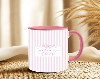 Personalized Pink Striped Mug with Bow | Custom Name Coffee Cup | Cute Monogram Accent Mug Gift for Her